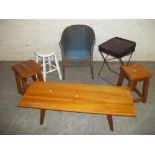 SIX ITEMS TO INCLUDE TABLES, STTOLS AND A LLOYD LOOM CHAIR