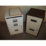 TWO SMALL LOCKING STEEL FILING CABINETS AND A LLOD LOOM STYLE CHAIR