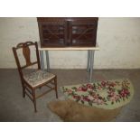 A CABINET TOP CUPBOARD TOGETHER WITH A CHAIR AND 2 RUGS