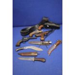 A BOX OF IMITATION/REPRODUCTION PISTOLS TOGETHER WITH A BOWIE KNIFE, A KUKRI KNIFE ETC