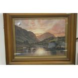 AN OIL ON CANVAS IN GILT FRAME UNDER GLASS SIGNED GEO SMITH 1930 "HIGHLANDS SCENE OF CATTLE" 56 CM X