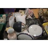 TWO TRAYS OF ASSORTED CERAMICS AND SUNDRIES TO INCLUDE A QUANTITY OF SALT AND PEPPER POTS