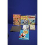 A TRAY CONTAINING AN ALBUM OF OLD TIME FILM STAR PICTURES, DANDY AND BEANO ANNUALS THE 1ST BERYL THE