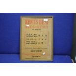 A KENTS BEST ALES AND STOUT PRICE SHOW CARD ADVERTISING SIGN (GEORGE BEER AND RIGDEN LIMITED)
