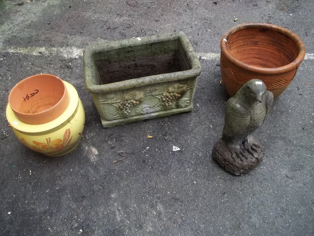 FIVE ITEMS TO INCLUDE A TERRACOTTA PLANTER AND A CONCRETE STATUE