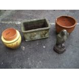 FIVE ITEMS TO INCLUDE A TERRACOTTA PLANTER AND A CONCRETE STATUE