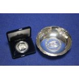 A HALL MARKED SILVER SIR WINSTON CHURCHILL DISH AND A U S EAGLE COIN