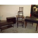 A SELECTION OF 7 ITEMS TO INCLUDE A DRAW LEAF TABLE, A TEA TROLLEY AND A COFFEE TABLE, 2 CHAIRS ETC