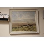 AN OIL ON BOARD SCENE OF GRAZING HORSES SIGNED JENNINGS 72 CM X 62 CM