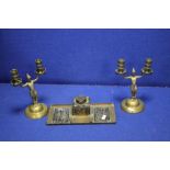 A BRASS INK WELL TOGETHER WITH TWO BRASS CANDLEABRA