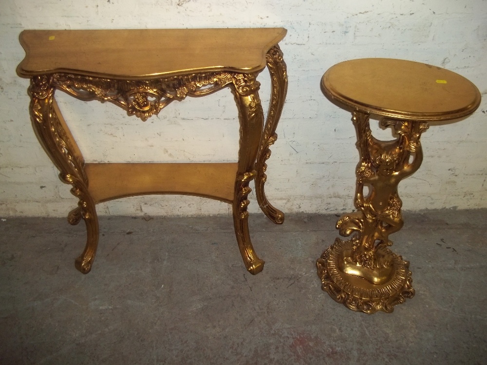 TWO MODERN GOLD FINISHED ITEMS TO INCLUDE A DEMI LUNE AND A PLANT STAND