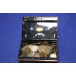 AN OLD FASHIONED SAVINGS BOX NO KEY CONTAINING LARGE QUANTITY OF ENGLISH COINAGE