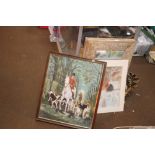 A FOX HUNTING PICTURE UNFRAMED TOGETHER WITH A GILT WOODEN FRAMED MIRROR ETC
