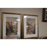 A PAIR OF GILT FRAMED PICTURES UNDER GLASS OF STREET SCENES DATED 1912 AND 1914