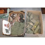 TWO BOXES OF VINTAGE ARMY MEMORABILIA / COLLECTABLES TO INCLUDE A BAYONET ETC