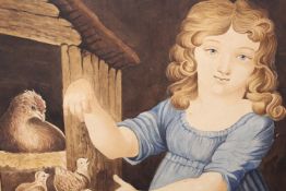 A 19TH CENTURY WATERCOLOUR BARN INTERIOR WITH GIRL AND CHICKENS