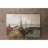AN OIL ON CANVAS STORMY COASTAL HARBOUR SCENE WITH BOATS AND FIGURES