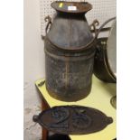 A VINTAGE CAST METAL CHURN / PAIL WITH CARRY HANDLE TOGETHER WITH A CAST IRON PLAQUE - NO 25