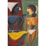 A MODERNIST STYLE FIGURAL FRAMED OIL ON BOARD FROM SRI LANKA