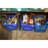 THREE CRATES OF ASSORTED SUNDRIES ETC TO INCLUDE AN OLD COUNTRY ROSES TELEPHONE, WOODEN BOXES,