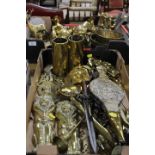TWO TRAYS OF ASSORTED BRASSWARE TO INCLUDE A PAIR OF TRENCH ART VASES, CANDLESTICKS, SAUCEPANS,