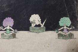 M.M. - A WATERCOLOUR STUDY OF THREE WOMEN ON STAGE, TOGETHER WITH TWO BLACK AND WHITE PHOTOS OF