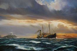 AN OIL ON CANVAS OF A STEAMSHIP AT SEA SIGNED LOWER RIGHT ENTWISTLE