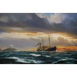AN OIL ON CANVAS OF A STEAMSHIP AT SEA SIGNED LOWER RIGHT ENTWISTLE