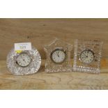 TWO MINIATURE WATERFORD CRYSTAL CLOCK PLUS ANOTHER