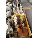 TWO TRAYS OF ASSORTED COLLECTABLES AND FIGURES TO INCLUDE A BOHEMIAN STYLE GLASS VASE, VARIOUS