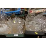 TWO TRAYS OF ASSORTED GLASSWARE TO INCLUDE CUT GLASS DECANTERS, DARTINGTON BOWLS ETC