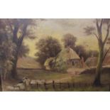 A GILT FRAMED OIL ON BOARD OF A SHEPHERD AND SHEEP BEFORE A THATCHED COTTAGE