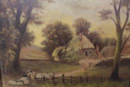 A GILT FRAMED OIL ON BOARD OF A SHEPHERD AND SHEEP BEFORE A THATCHED COTTAGE