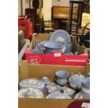 A COLLECTION OF WEDGWOOD BLUE JASPERWARE CONTAINED IN TWO TRAYS