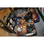 TWO BOXES OF ASSORTED SUNDRIES TO INCLUDE BINOCULARS ETC PLUS A VINTAGE RIGID BRIEFCASE