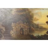 A LATE 17TH / EARLY 18TH CENTURY STORMY WOODED RIVER LANDSCAPE WITH SHRINE