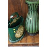A LARGE GREEN GLASS VASE TOGETHER WITH AN UNUSUAL DECORATIVE PAPER RACK;