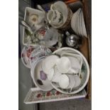 A TRAY OF ASSORTED CERAMICS ETC TO INC PORTMEIRION, DOULTON EVERYDAY WEAR, MARC JACOBS WATERFORD
