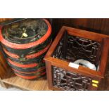 A DECORATIVE ORIENTAL STYLE PLANTER TOGETHER WITH A LACQUERWARE SWING BOX WITH CONTENTS