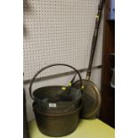 TWO CAST METAL JAM PANS TOGETHER WITH A BED WARMING PAN