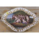 AN UNUSUAL CONTINENTAL STYLE HANDPAINTED DECORATIVE PLATTER FOR RESTORATION DEPICTING CHERUBS