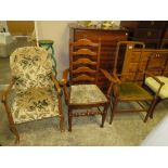 AN EDWARDIAN MAHOGANY CHAIR, AN UPHOLSTERED ARMCHAIR AND AN OAK CHAIR (3)