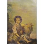 A GILT FRAMED PICTURE OF A BOY WITH A SHEEP TOGETHER WITH A WATERCOLOUR OF PEOPLE BOATING ON A RIVER