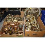 TWO TRAYS OF ASSORTED BRASSWARE TOGETHER WITH A TRAY OF ASSORTED COPPERWARE (3)