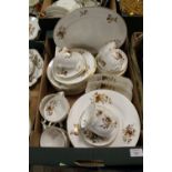 A TRAY OF ROYAL WORCESTER GILT AND WHITE FLORAL PATTERN TEA AND DINNERWARE ETC