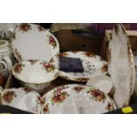 FOUR TRAYS OF ROYAL ALBERT OLD COUNTRY ROSES TEA AND DINNERWARE ETC, TO INCLUDE TEA AND COFFEE POTS,