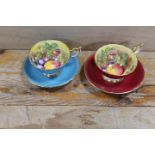TWO AYNSLEY HANDPAINTED CUPS & SAUCERS - FRUIT PATTERN SIGNED BY D. JONES