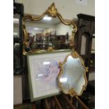 A MODERN GILT WALL MIRROR, W-79 CM WITH ANOTHER MIRROR AND A GORDON KINE PRINT (3)