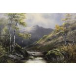 A SMALL OIL ON CANVAS OF A MOUNTAINOUS RIVER SCENE INDISTINCTLY SIGNED LOWER RIGHT