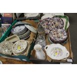 TWO TRAYS OF ASSORTED CERAMICS ETC TO INCLUDE IRONSTONE STYLE PLATES. BEER STEINS, AYNSLEY, ALFRED